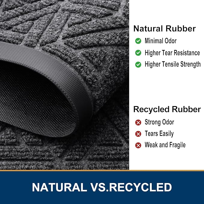 Smiry Front Door Mat Outside Entrance, Heavy Duty Sturdy Natural Rubber Doormat, Trap Dirt and Moisture, Easy Clean Low Profile Mats for Indoor Outdoor Entry, Grid Geometric (59x24, Grey)