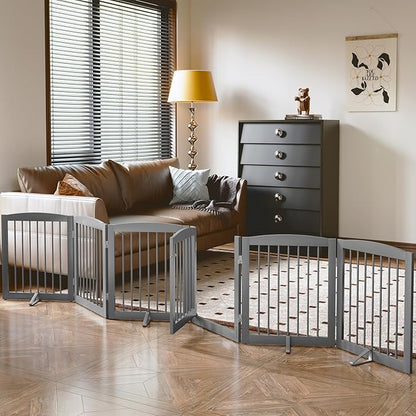 Freestanding Pet Gates with Walk Through Door, Dog Indoor Fence, Dog Gate for The House, Doorway, Stairs, Extra Wide Pet Gate, Support Feet Included, 120 Inch Wide, 6 Panels 24" Tall, Gray