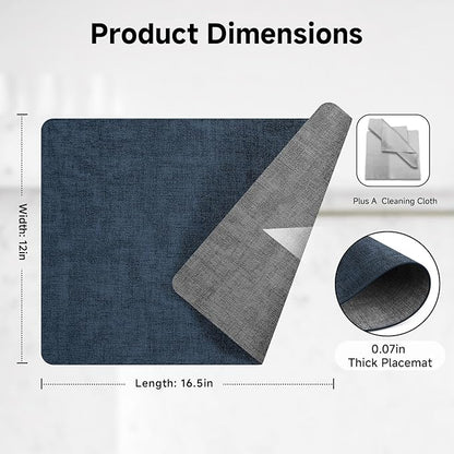 Faux Leather Vinyl Placemats Set of 4 Wipeable Heat Resistant Place Mats 100% Washable - Waterproof - Anti Slip Reversible Table Mats for Kitchen/Dining/Party, 12" x 16.5", Navy Blue & Dark Grey