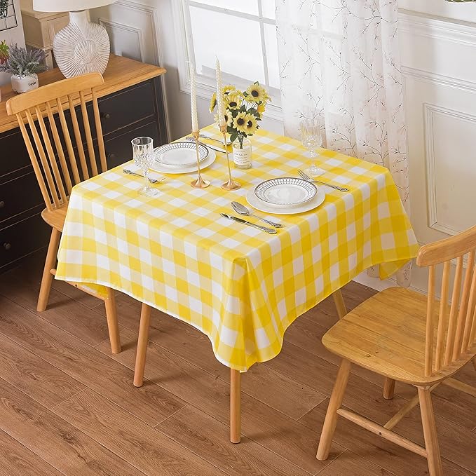 Cupuamon 2 Pack Waterproof Polyester Fabic Square Checkered Tablecloth，54x54 Outdoor Table Cloth，Oil Stain Prevention Table Cloth for Pinics and Parties（Yellow and White）