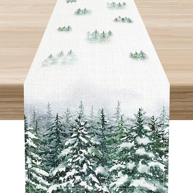 Forest Table Runner, Rustic Farmhouse Mountains Birds Pine Tree Woodland Jungle Cottage Country Coffee Table Center Decor for Home Kitchen Dining Patio Holiday Party Table Decorations, 13"x108" Inch