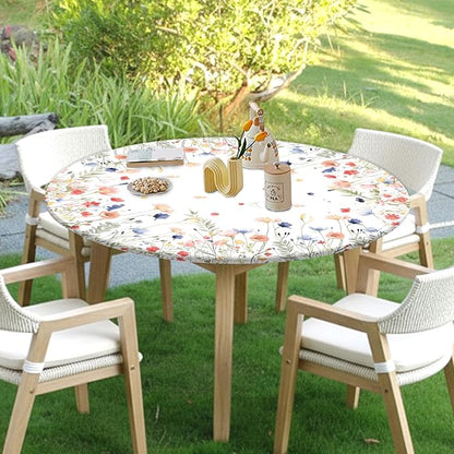 Spring Summer Floral Round Fitted Tablecloth with Elastic Watercolor Farmhouse Wildflower Circle Table Cloth for 40-44" Tables Wipeable Waterproof Easter Flower Table Cover for Picnic Dining Outdoor
