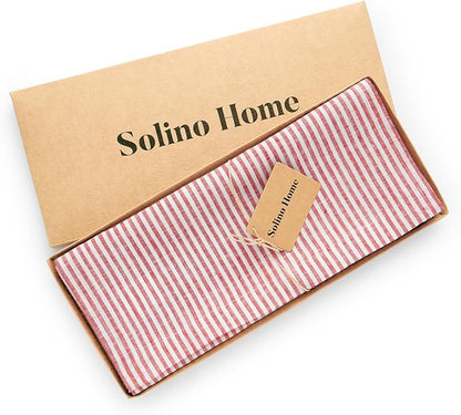 Solino Home Linen Table Runner 36 Inches - Narrow Stripe, 100% Pure Linen Red and White Small Table Runner 14 x 36 Inch Ideal for Dresser and Coffee Tables - Valentines, Winter, Spring, Easter