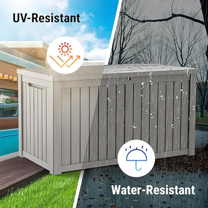 Mars Villa 180 Gallon Outdoor Storage Box Waterproof, Extra Large Resin Deck Box, Outside Storage Bin for Patio Furniture Cushion, Pool Supply, Sports Gear, UV Resistant and Weatherproof, Greige
