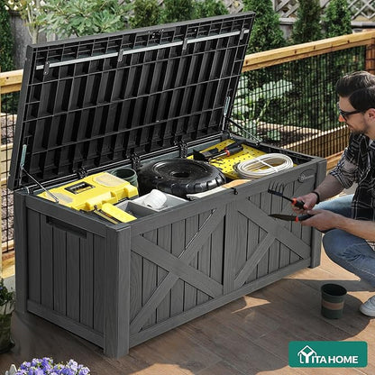 YITAHOME 120 Gallon Large Outdoor Storage Box with X-Shaped Front, Waterproof Resin Deck Box Cushion Storage Bench for Patio, Pool Supplies, Garden Tools - Lockable, Dark Gray
