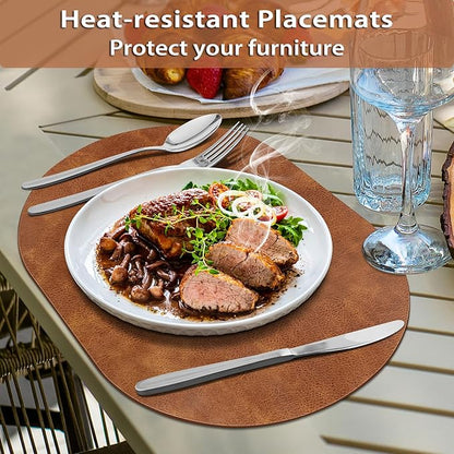 ADRIMER Placemats, Heat Resistant Oval Placemats Set of 4 Washable 12 x 17 Inch, Waterproof Table Mats, Wipeable Pu Place Mats for Kitchen, Dining Room, Turmeric Brown