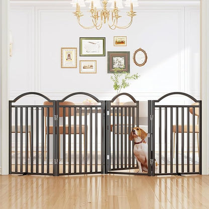 UDD Metal Folding Dog Gate Indoor 96" Extra Wide, 32" Tall Foldable Pet Gate with Door for Stairs Doorways Hallways Porch, Freestanding No Drilling Pet Fence for Dogs Puppy, Black 4-Panel