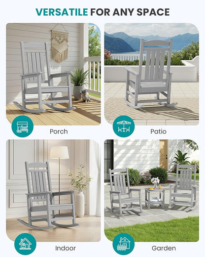 SERWALL Outdoor Rocking Chair Set of 4, Patio Rocking Chair, Light Gray | HDPE - Image 9