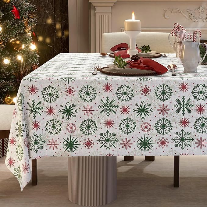Christmas Tablecloth with Snowflake, Spillproof Waterproof Fabric Table Cloth for Dining, Parties, Holiday, Winter Table Decorations - 60''x108''