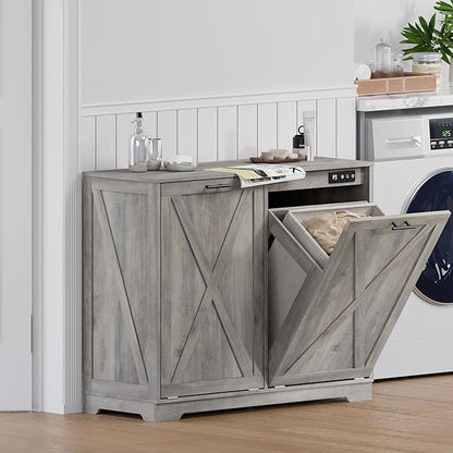 Tilt Out Trash Can Cabinet for 2 Bins, Hidden Recycle Garbage Bin Enclosure, Wooden Double Laundry Cabinet with Odor Control, Negative Ion & Ozone, for Kitchen, Bathroom, Laundry Room