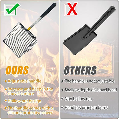 Hollow Out Fireplace Shovel Black Metal Coal Shovel Fireplace Ash Sifter Scalable Stainless Steel Handle with Silicone Protector to Prevent Burns, Fireplace Tools for Woodstove to Separate Coals