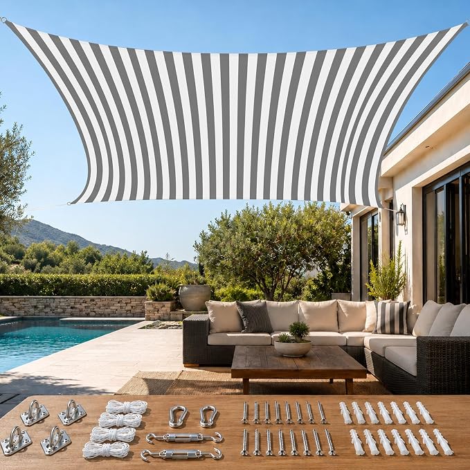 Quictent Sun Shade Sail for Patio w/Hardware Kit 185GSM 24x24ft White&Grey | by QUICTENT