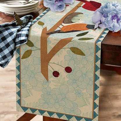 Seliem Spring Summer Birds Blue Table Runner, Cardinal Chickadee Bluebird Branch Red Berry Kitchen Dining Table Decor, Flower Nest Egg Burlap Home Decoration Indoor Outdoor Party Supply 13 x 72 Inches