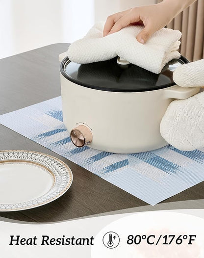 Leetaltree Geometric Print Blue Placemats Set of 6 - Heat Resistant Non-Slip Place mats for Dining Table, Washable Durable PVC Vinyl Woven Table Mats (Geometric Blue, 6)