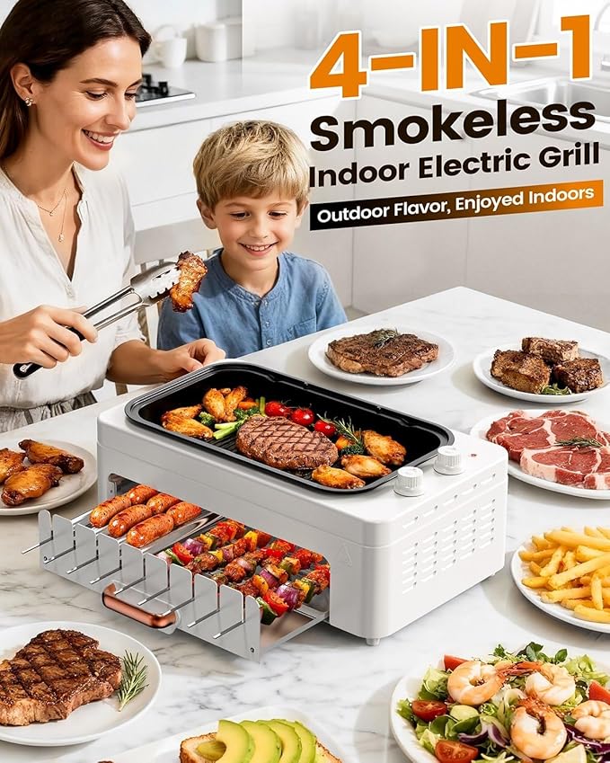 4-in-1 Electric Indoor Grill Smokeless for Home,Countertop Electric Grill with Removable Sizzle Grill Pan & Grate + Auto Rotating Kabob Skewers + Electric Hot Dog Roller Dual Zone Cooking with Lid