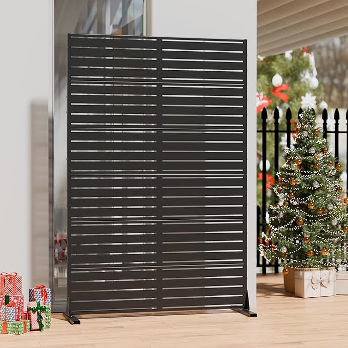 Casaphoria Metal Privacy Screen Outdoor, 72" H x 47" W Freestanding Decorative Privacy Screen for Patio Deck Balcony Garden with Stable Base, Louvered Black