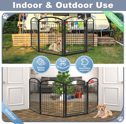 Full Metal Free Standing Dog Gate with Door for Indoor & Outdoor,96'' Extra Wide 32'' Tall Dog Gate for The Doorways,Large Openings,Decks,Porch,Pet Freestanding Safety Fence(4 Panels,Black)