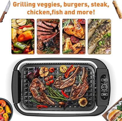 Indoor Grill, Techwood 1500W Smokeless Electric Grill with Tempered Glass Lid, Compact & Portable Non-Stick BBQ Grill with 6-Level Control, Dishwasher Safe, Black