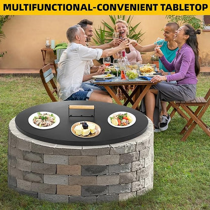 G GOOD GAIN Firepit Lid Round 28 Inch - Rust Resistant Fire Pit Lid Cover with Wooden Handle & Gloves, Fire Pit Snuffer Lid for Courtyards, Patio, Winter Cold Protection.