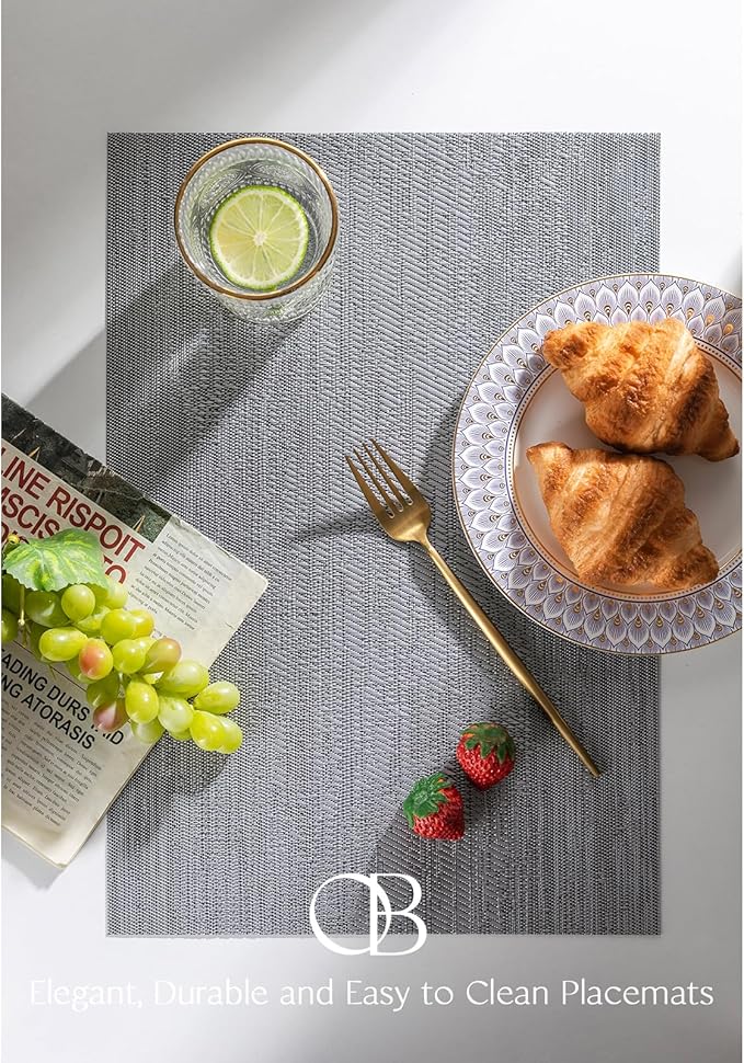 Placemats Set of 4 - Easy Clean Woven Vinyl Placemat for Dining Table, Indoor/Outdoor Place Mats, Washable PVC Table Mats（Gray）