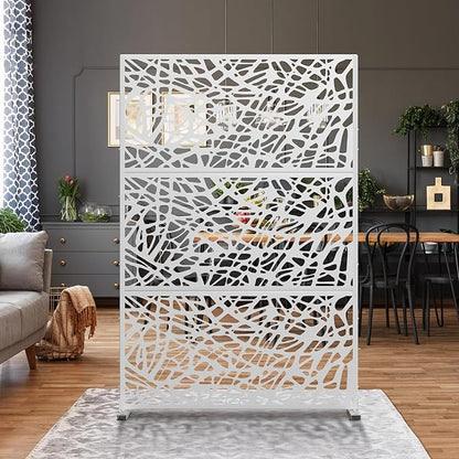Metal Privacy Screen Outdoor 72" H×47" W,Freestanding Decorative Privacy Screen for Balcony Yard&Garden,Privacy Fence-White&Net