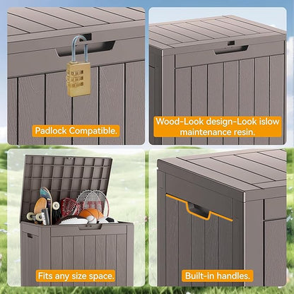 31 Gallon Outdoor Storage Deck Box Waterproof,Garden Tool,Backyard Cushion,Poolside Storage,Small Delivery Boxes for Outside,Lockable Lid,Wood-like Striped Black