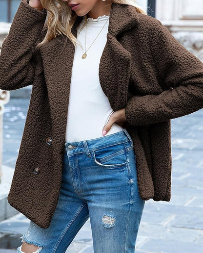 Women's Winter Warm Plush Cardigan Fuzzy Fleece Lapel Jacket with Buttons Pockets Long Sleeve Casual Outerwear