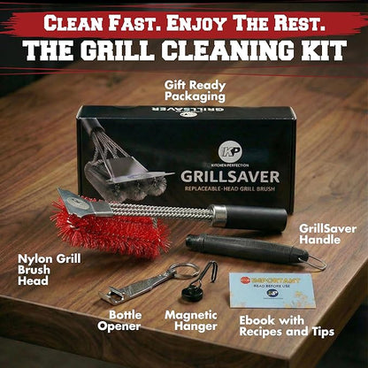 KITCHEN PERFECTION Nylon GrillSaver - Safe BBQ Grill Brush with Replaceable Cleaning Head -Heavy-Duty Grill Cleaner w/Scraper for Porcelain & Ceramic Grates, Includes Magnetic Hanger & Bottle Opener