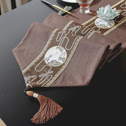 Embroidered Tassel Table Runner Chinese Style Landscape Painting Waterproof Cotton Linen Holiday Kitchen Dining Table Decoration for Home Party Decor 13x72 Inch (Brown)