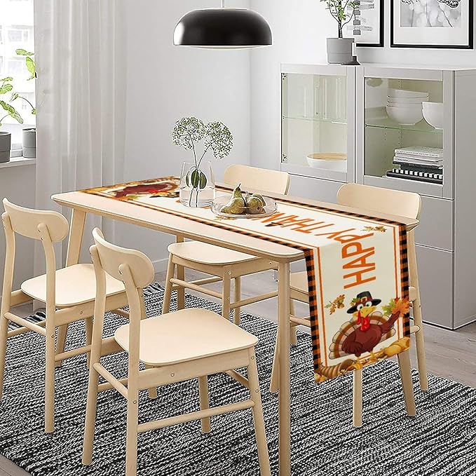 Happy Thanksgiving Table Runner, Autumn Pumpkin Maple Leaves Turkey Print Fall Harvest Holiday Kitchen Dining Table Decor for Indoor Outdoor Party, 13x70inch