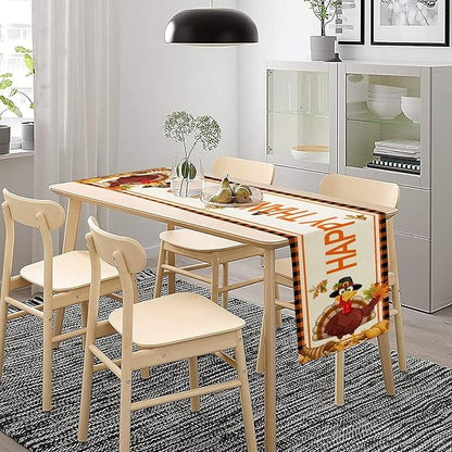 Happy Thanksgiving Table Runner, Autumn Pumpkin Maple Leaves Turkey Print Fall Harvest Holiday Kitchen Dining Table Decor for Indoor Outdoor Party, 13x70inch