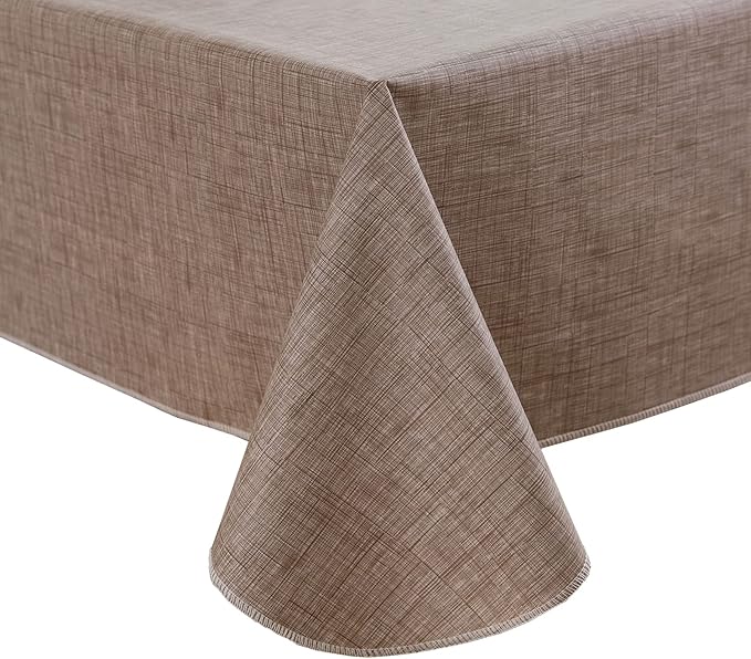 LIBERECOO Vinyl Tablecloth with Flannel Backing, Flaxen, Waterproof, Stain-Resistant, Easy-Clean Table Cover for Dining, Kitchen, and Outdoor Use, 60" x 60" Square
