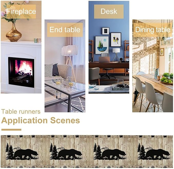 Rustic Woodland Table Runner, Forest Animals Country Lodge Cabin Wild Bear Table Runner for Dining Kitchen Home Holiday 13x90in