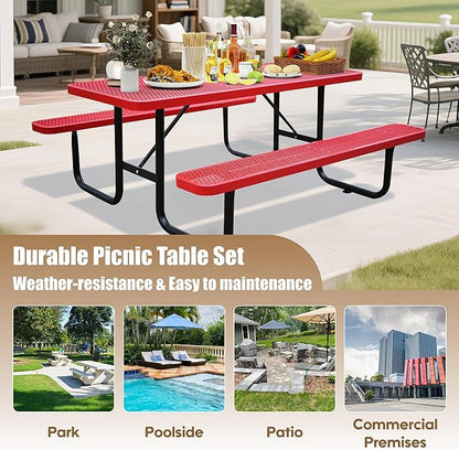 6FT Rectangular Metal Picnic Table for Outdoors, Commercial Steel Metal Picnic Tables, Heavy Duty Sturdy Picnic Tables Furniture Set for Patio Garden Courtyard BBQ, with Umbrella Hole, Red
