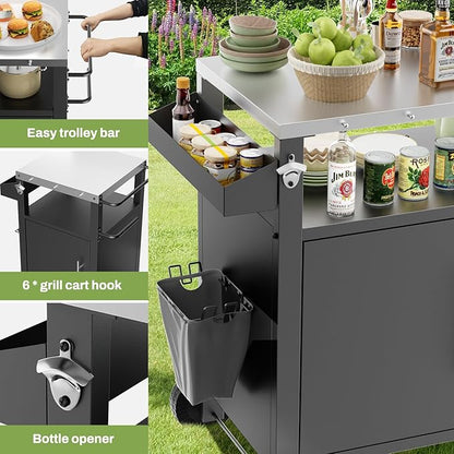 Outdoor Grill Cart with Patio Furniture, Outdoor Grill Table with Storage,Rolling Bar Cart Outdoor BBQ Cart with Hooks and Spice Rack for Grilling Accessories(Single Door, Black)