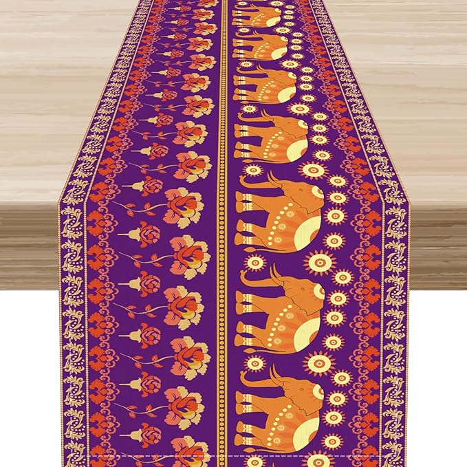 African Tribal Table Runner, Rustic Elephants Floral African Indian Diwali Art Print Purple Coffee Table Center Decor for Home Kitchen Holiday Party Farmhouse Outdoor Table Decorations, 13"x36"