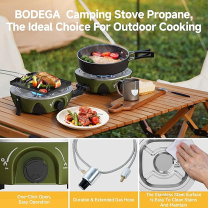 BODEGA 2 Burner Camping Stove, 20000 BTU Folding Propane Camp Stove with Adjustable Burners,Portable Dual Gas Stoves with Carry Handle&Bag for Camping,BBQ,RV,Home,Camping Essentials Gear