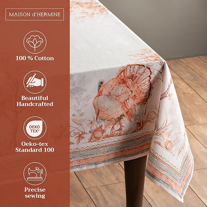 Maison d' Hermine Table Cloth Rectangle Table 100% Cotton 60 x 90 Inches Fall Tablecloth Reusable Everyday Use for Thanksgiving Christmas Decorations Dining Farmhouse Party (Giving Thanks)