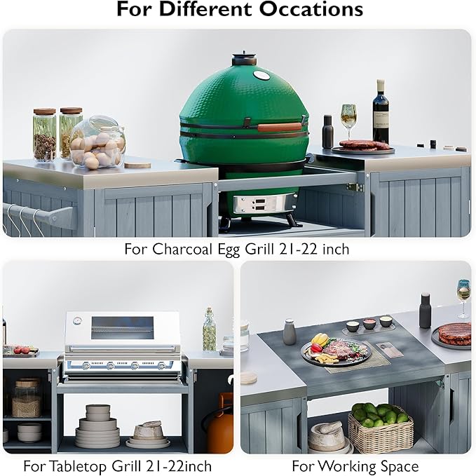 66.5" Outdoor Kitchen Island with Stainless Steel Top for Big Green Egg, Rolling Grill Cart with Adjustable Shelves, Lockable Wheels, Outdoor Table and Bar Storage Cabinet for Patio
