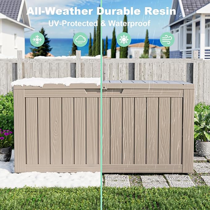 DRATO 75 Gallon Deck Box, Waterproof Resin Large Outdoor Storgae Box for Patio Furniture, Patio Cushions, Gardening Tools, Pool Supplies, Lockable（Gray，75 Gallon）