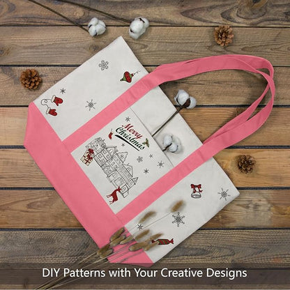 TOPDesign 3-Pack Canvas Tote Bags with an External Pocket, Reusable Grocery Shopping Bags, Top Zipper Closure, Daily Essentials (Rose Pink/Natural)