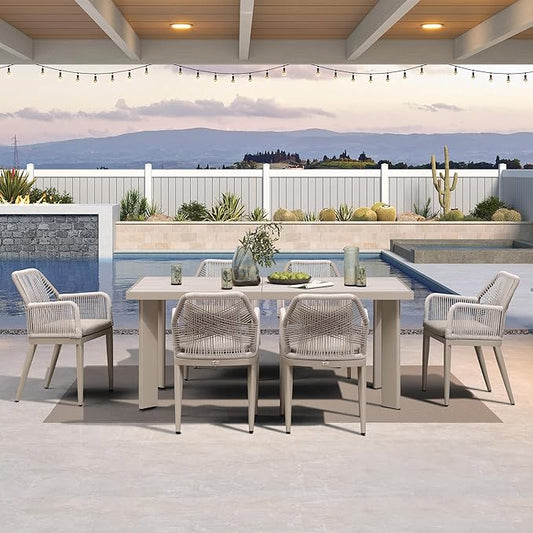 PURPLE LEAF 7 Pieces Patio Dining Set Aluminum Modern Rectangular Table and Rattan Arm Chairs with Cushions for Kitchen Porch Garden Outdoor Furniture Sets, Champagne