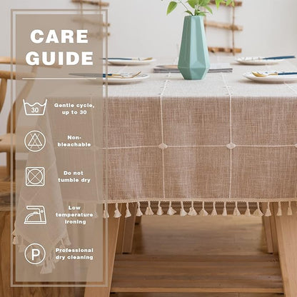 Pahajim Rustic Linen Tablecloth Cotton Rectangle Table Cloth for Kitchen Dining with Tassel Plaid Waterproof Tablecloths Rectangle/Oblong,55''x94'', 6-8 Seats