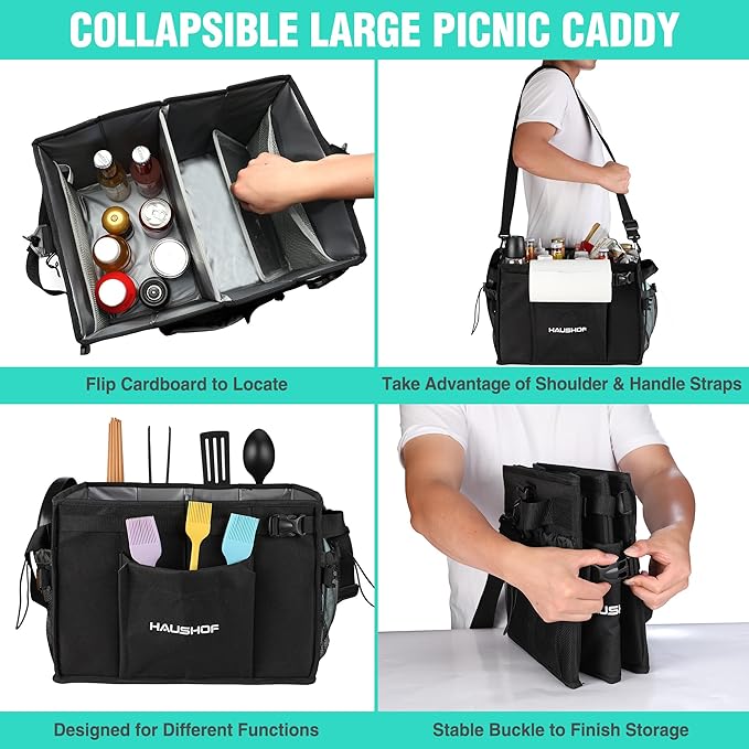 HAUSHOF Large Grill and Picnic Caddy with Paper Towel Holder, Condiment Pocket, Foldable BBQ Organizer Easy Carry Griddle Caddy for Camping, RV, Outdoor Waterproof Oxford Cloth (Black)
