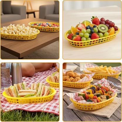 Fast Food Baskets 16-Pack, 10 x 6 Inch Plastic Oval Serving Baskets for Burgers,Bread, Fries & Sandwiches, Restaurant Diner Cafeteria Food Truck Party Use, Reusable&Stackable(Yellow)
