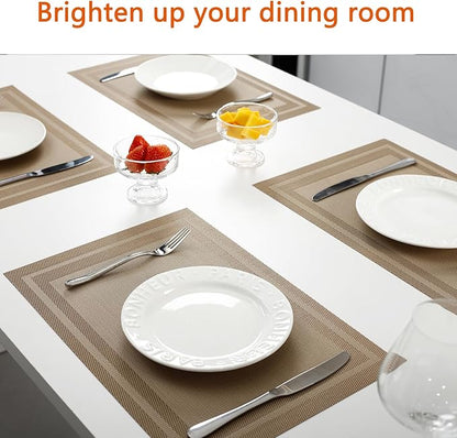 Placemats Set of 12 Washable& Wipeable Placemats for Dining Table Kitchen Indoor Outdoor Table mats Heat Resistant Non Slip Woven (Khaki，12PCS)