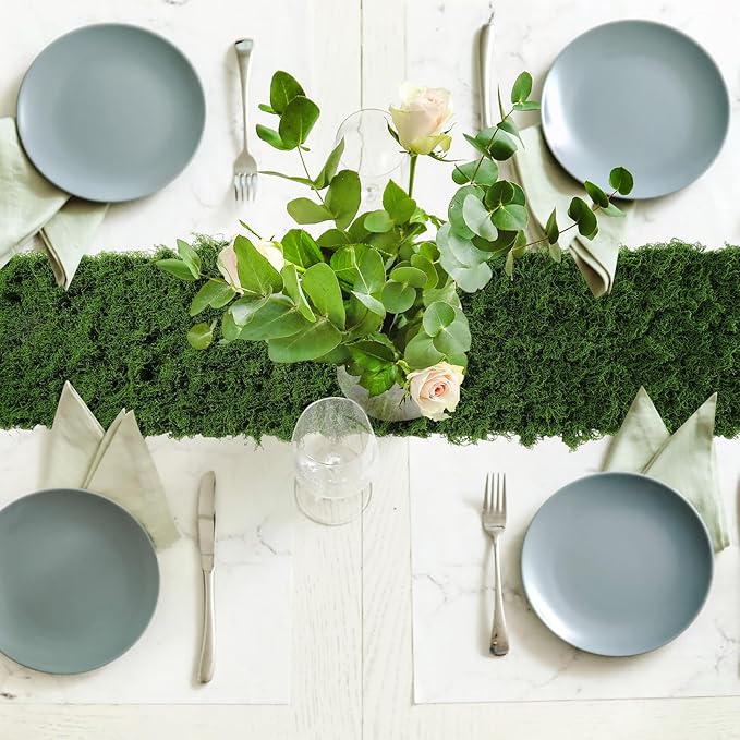 Zeyune 6 Pcs Fake Moss Table Runner for Crafts 12'' x 71'' Artificial Moss Sheet Roll Waterproof Carpet Blanket for Wall Roof Garden Wedding Birthday Party Table Decoration (Green)