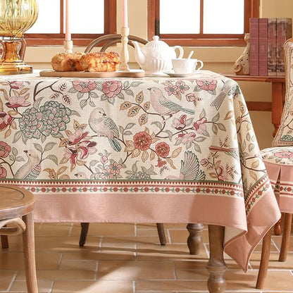 patdrea Designer Pink Linen Table Cloth for Rectangle Table,Vintage Floral with Birds Pattern Decorative Tablcloth,French Table Cover for Kitchen Dining,Thanksgiving,Christmas,55"x87"-Kulom a