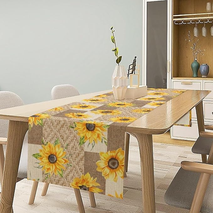 Farmhouse Sunflower Table Runner, Rustic Vintage Linen Patchwork Summer Yellow Floral Table Cover for Bithday Party Home Kitchen Dining Room Decor, 13x120inch