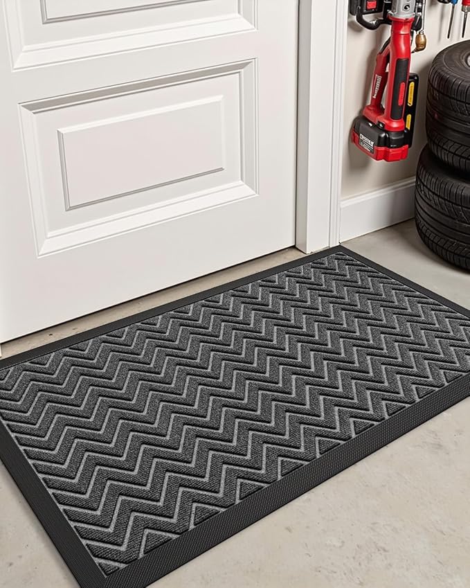 DEXI Front Door Mat Outside Entrance, 2x4 ft Rubber Entry Doormat Heavy Duty, Welcome Mats Non Slip for Inside House Floor Entryway Double Doors Exterior Patio, Chevron Dark Grey